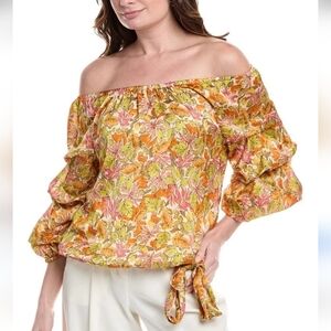 VINCE CAMUTO bubble Sleeve Cottagecore Floral Off-Shoulder Top Whimsical Design